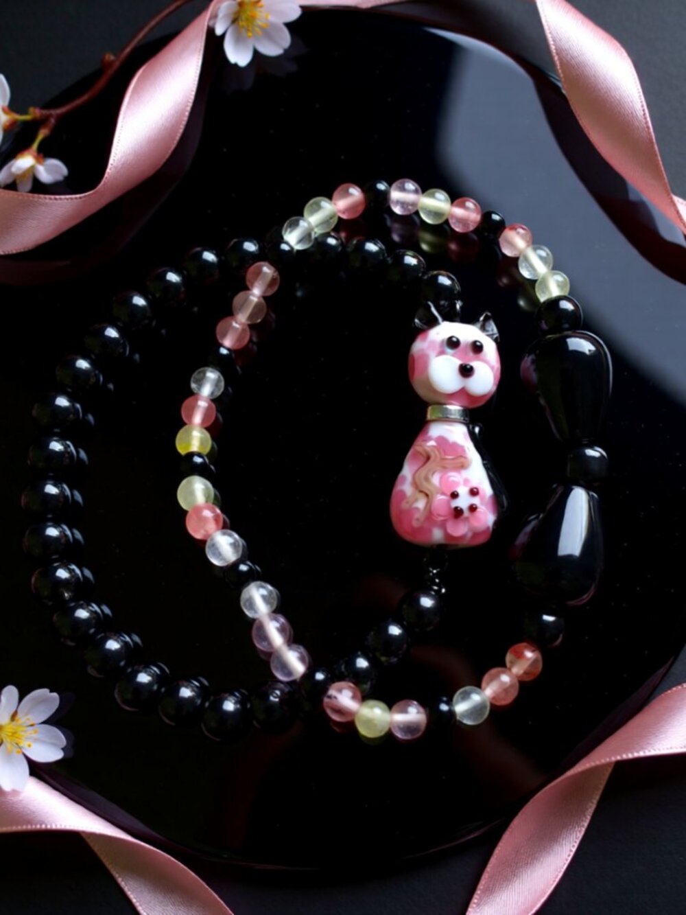 Cat Lovers Bracelet Set 7" Wrists! Pink & Black Bead Collection + Cherry Quartz